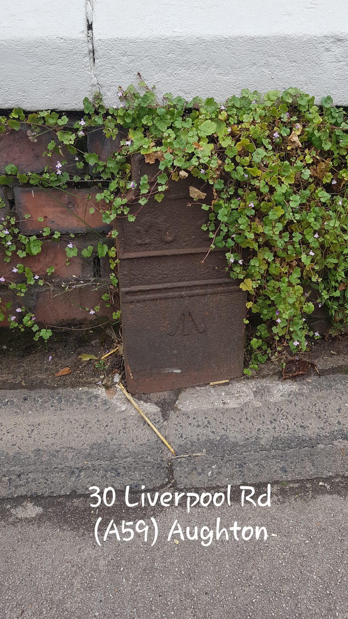 Telegraph cable marker post at 30 Liverpool Road, Aughton, Ormskirk by Jan Gibbons 